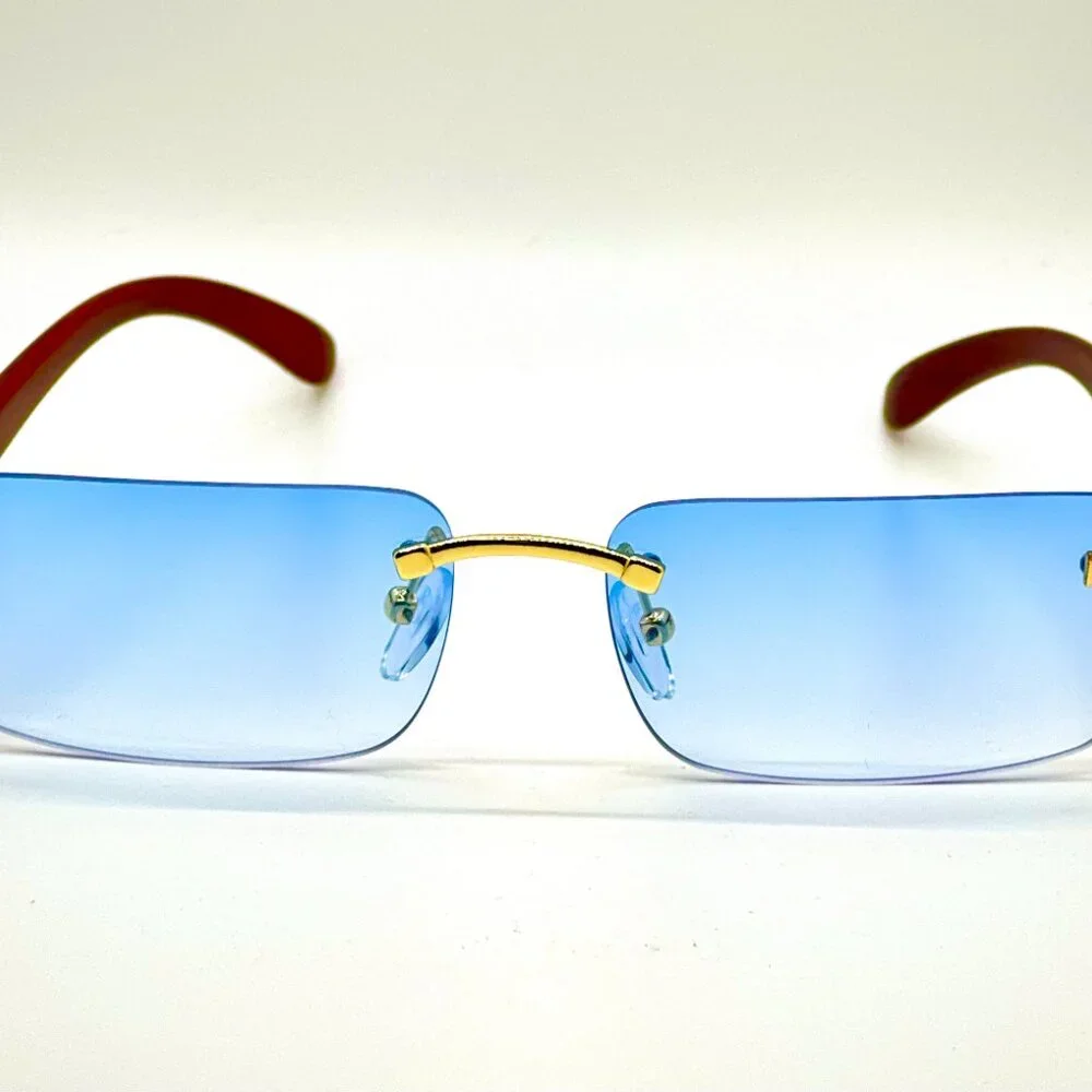 Men Sunglasses Hip Hop Blue Lens Dark Woody Arms‎ Trendy Rimless Sophisticated